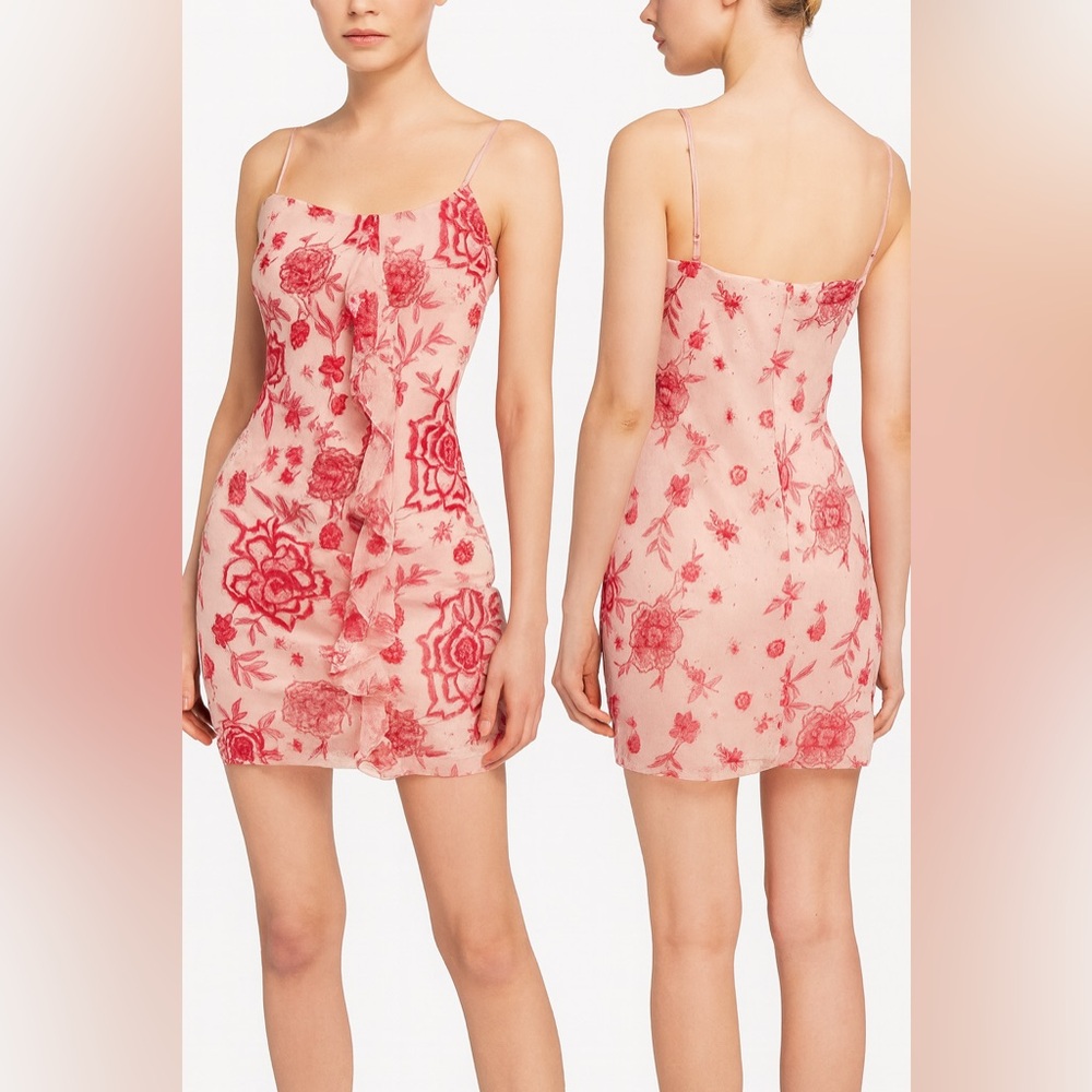 Parker Floral Embroidered Cherry Red & Pink Cocktail Mini Dress (Size M)